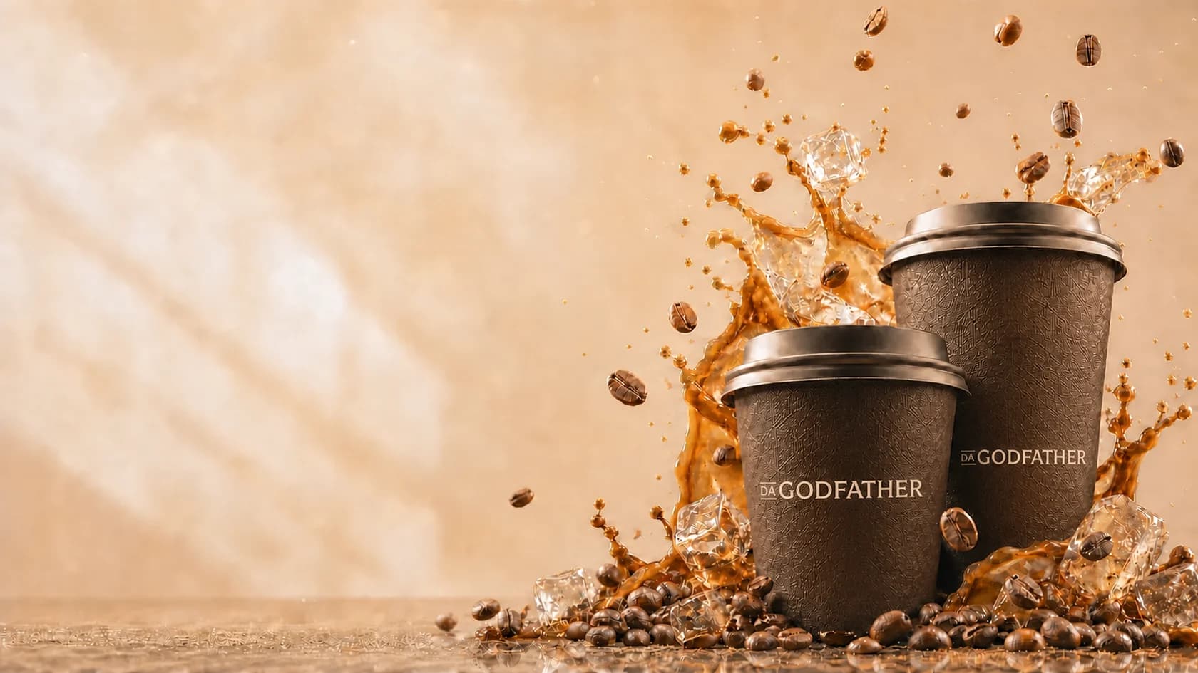Ly cà phê DA GODFATHER giữa hạt cà phê rang và espresso tung bọt